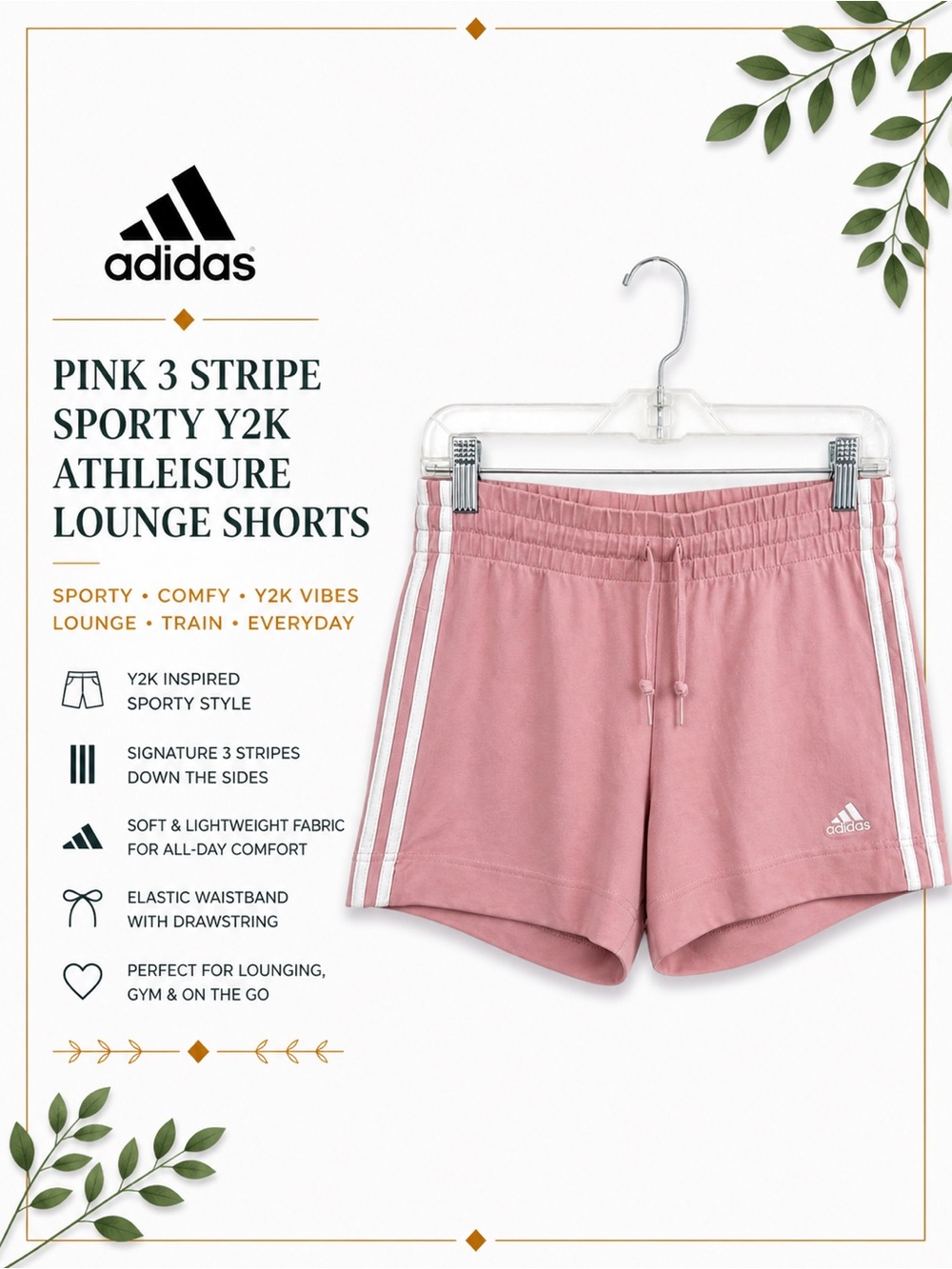 adidas Pink 3 Stripe Sporty Y2K Athleisure Lounge Shorts Size Small